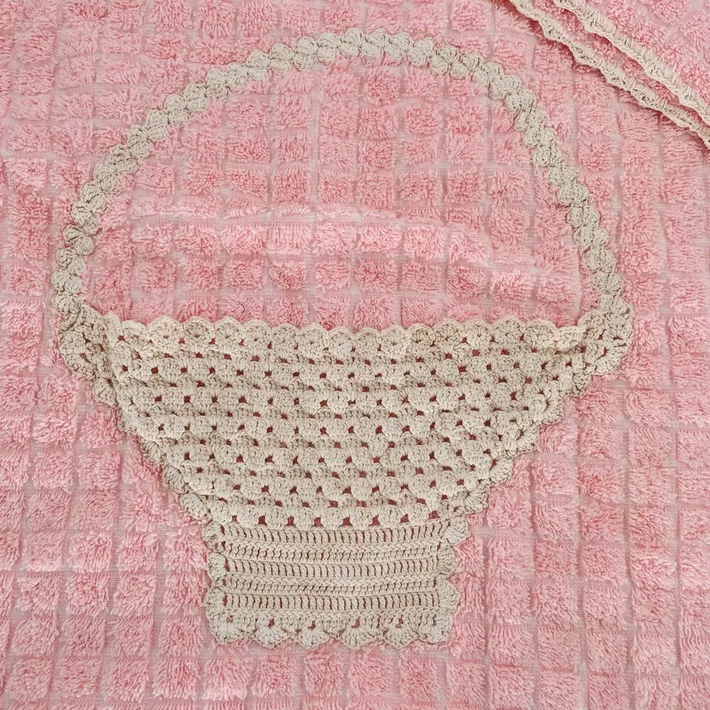 Vintage Bath Towel Set Penny's Pink Fringed Crochet Basket Edging Cotton Gift